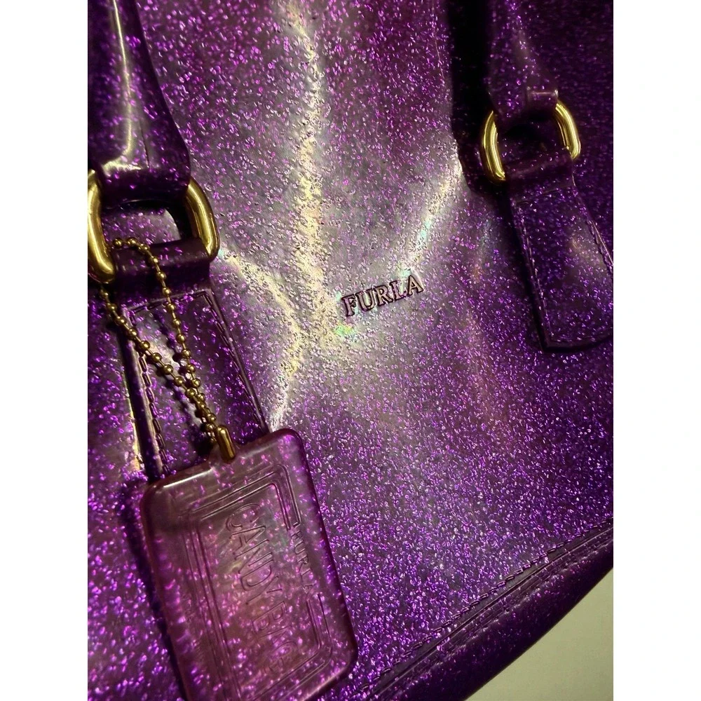 Authentic FURLA Candy Bag Purple Glitter PVC Jelly Satchel Handbag Padlock Italy